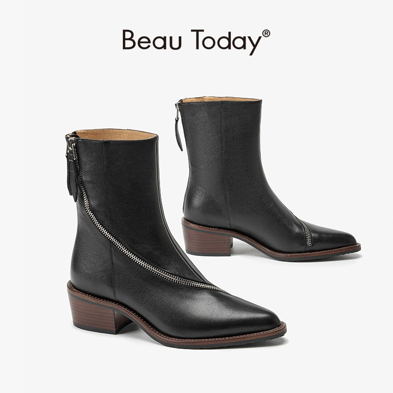 Morden BeauToday Ankle Boots Women Calfskin Leather Pointed Toe Winding Zipper Decor Ladies Block Heel Shoes Handmade 06117 af64