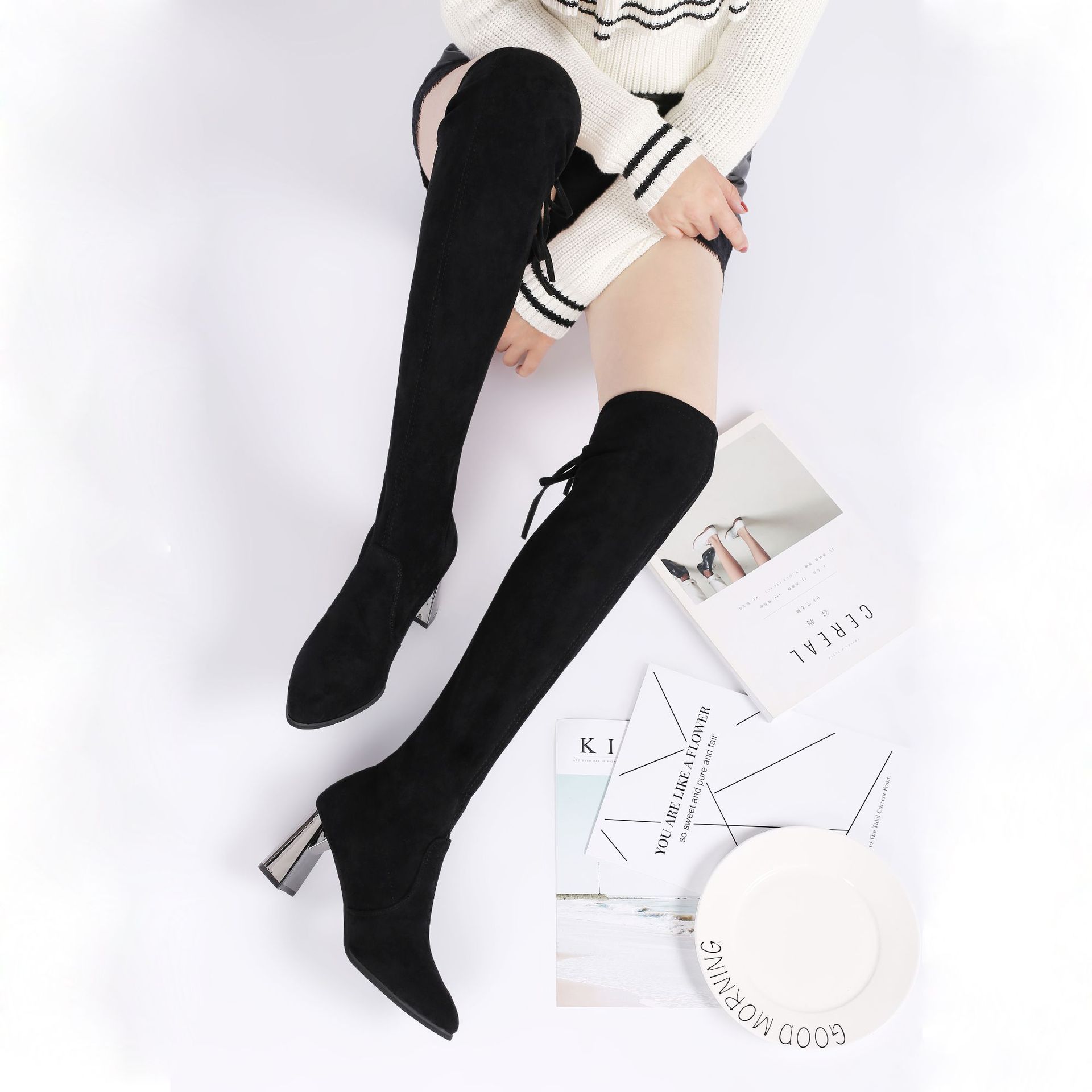 The Over Knee Tie Long Boots For Women Winter Pointed Toe Black Female Shoes Size 35-40 Botas Mujer women boots 9c65