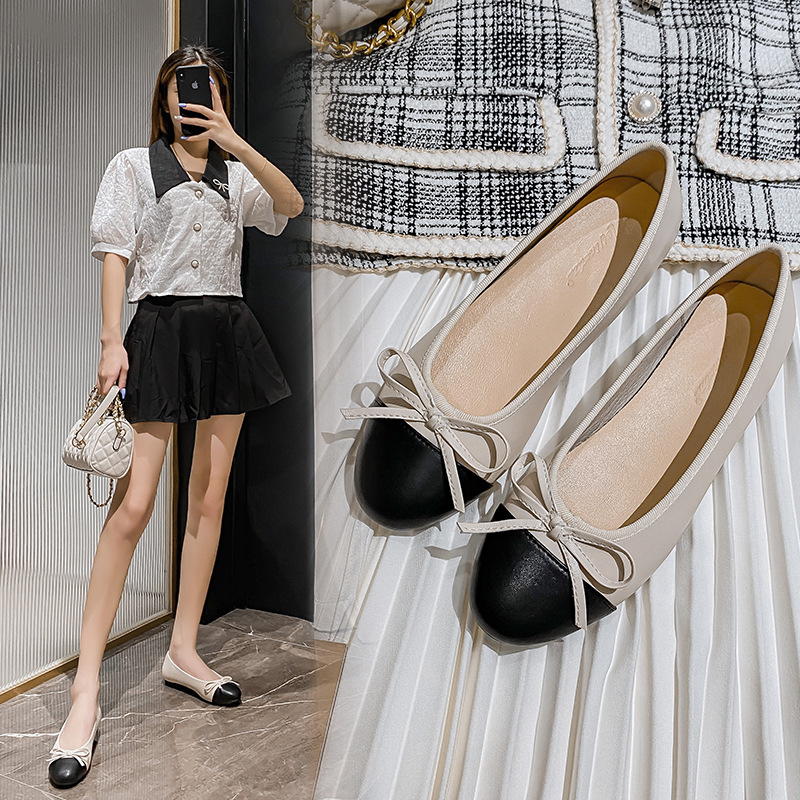 color black/beige 014f1 mixed genuine leather flats women elegant bowtie ballet round toe slip on dress shoes woman big size 43