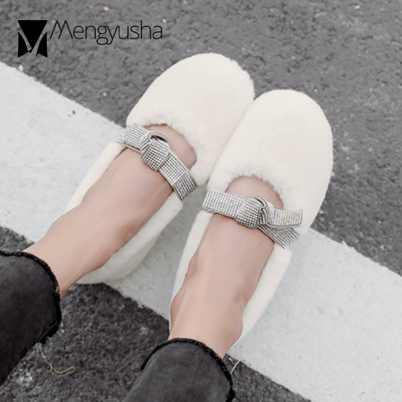 47c81 Cashmere Flats female crystal bow-knot fur loafers cotton women shearg mary jane shoes woman plush rhie moccasins