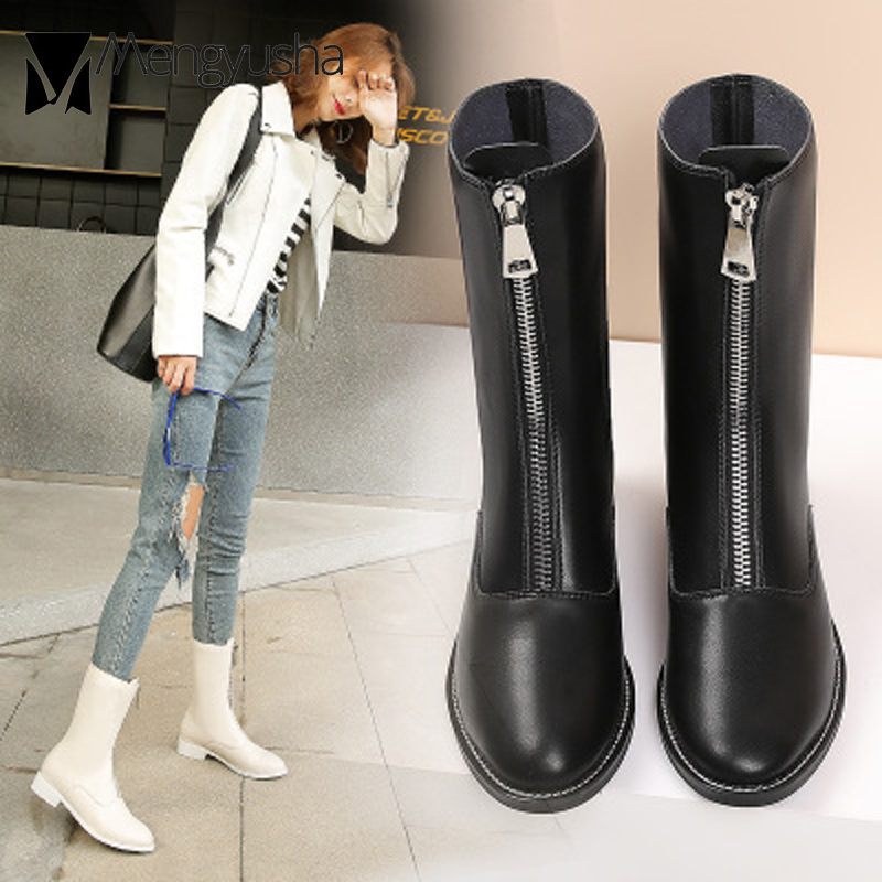 Zipper Women Brand Front Zip Closure Short Boots High Top Mid-Calf Motorcycle Botas Plush Winter Footwear Snow Booties 5be5