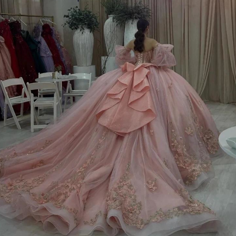 Pink Quinceanera Dresses Ball Gown 3D Bow Beaded Crystal Tull Detachable Puffy Long Seeve Sweet 16 Dress Vestido De 15 Anos