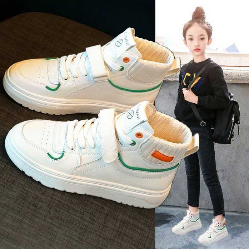 Athletic Outdoor Girls sports 2023 Spring Autumn new style anti slip high top casual board medium and large childrens white shoes H260130