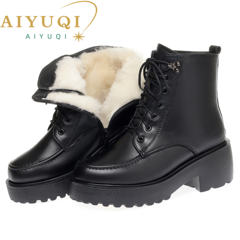 Women's Winter Shoes Boots High-heel Platform 2024 New Genuine Leather Women's Ankle Boots Wool Large Size Marton Boots Women