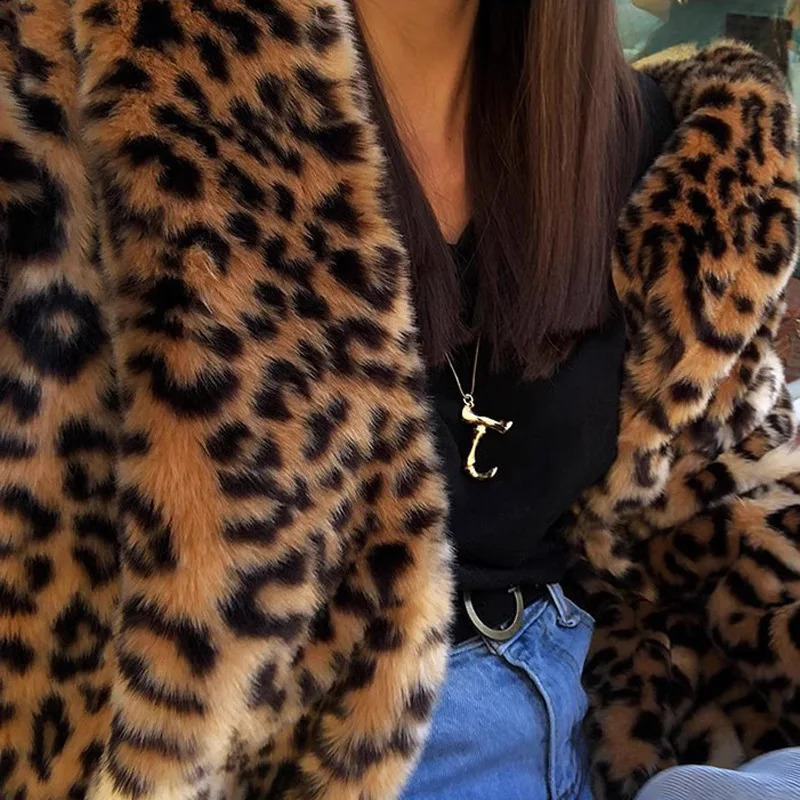 Winter Warm Turn Down Collar Leopard Print Faux Fur Long Coat Tops For Women Jackets Casaco Feminino 240830