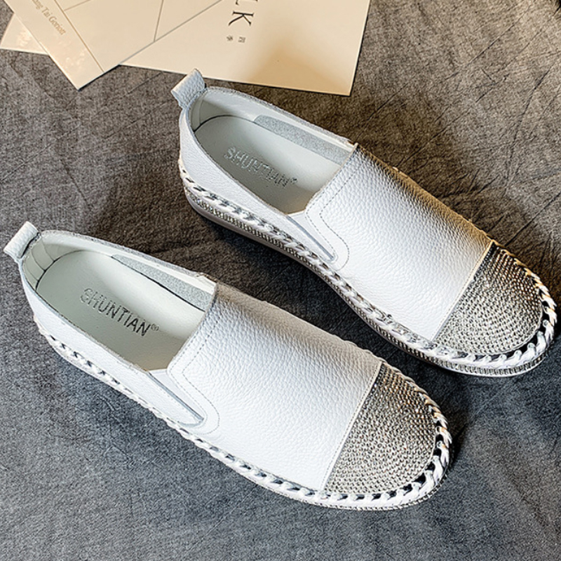 New Women a74f6 Espadrilles Crystal White Leather Fishermen Flats Ladies Girls Casual Loafers Mixed Colors Cowhide Shoes
