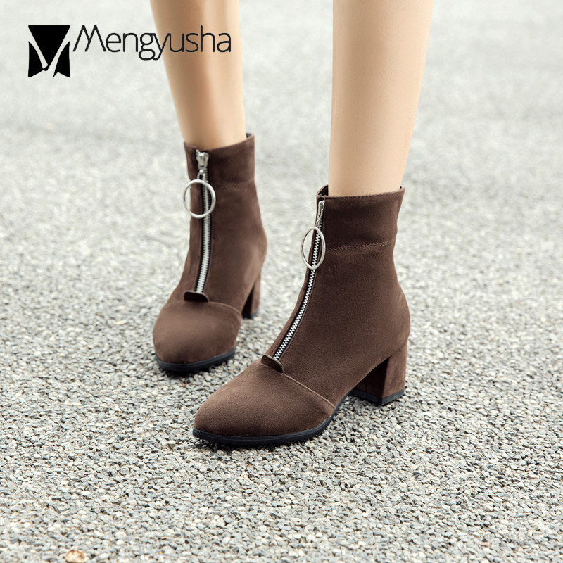 zipper Veet front mid-calf short booties women winter plush warm shoes botas big size 42 43 thick heels ladies riding boots f604