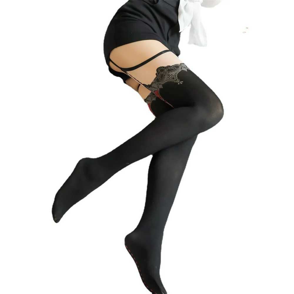 Socks Hosiery Sexy Black Garter Socks Women Open Crotch Thigh-high Silk Stockings Female Suspender Garter Belt Long Socks Red Line Pantyhose Y2408330X