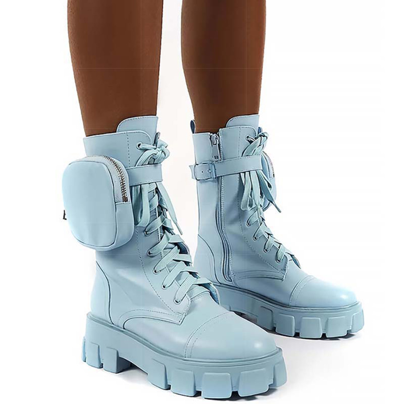 2020 Women Pocket Boots Lace Up Ladies Boots Fashion Female Buckle Strap Black Chunky Pouch Boots Woman Platform
