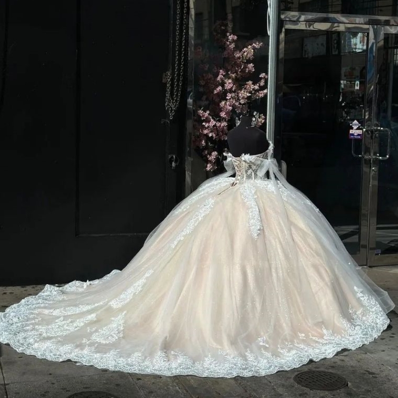 Light Champagne Vestidos De 15 Anos Quinceanera Dresses Lace Applique Beads Tull Off the Shoulder Princesa Party Birthday Gowns Sweet 16 Dress