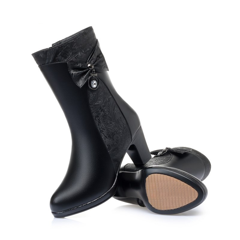 Winter AIYUQI Women Wool Keep Warm 2024 New Genuine Leather Shoes Woman Bow Female Fashion Boots Thick Heel 5685