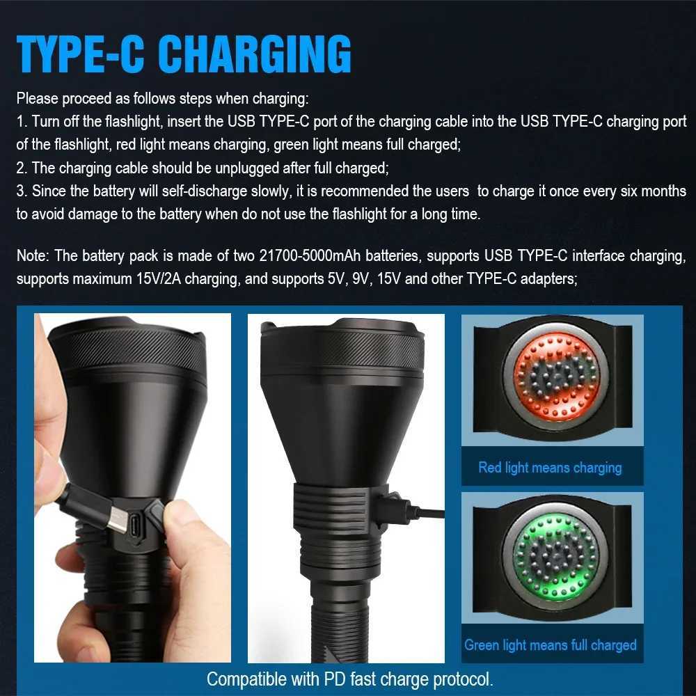 Trustfire T90R Hunting Flashlight Power 4800 Lumens 1600Meter LED Flashlight High Power USB C Charging Military Light Self DefenseW240902