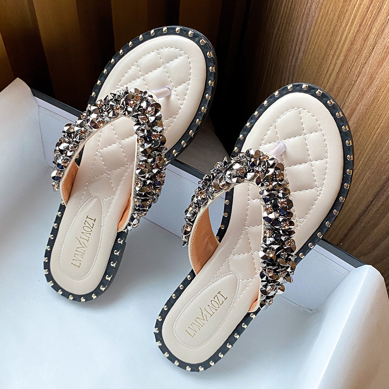 rivets glitter flip ps flat heel metal studded jandal sandals 34-43 plus size summer beach New slides for women slippers