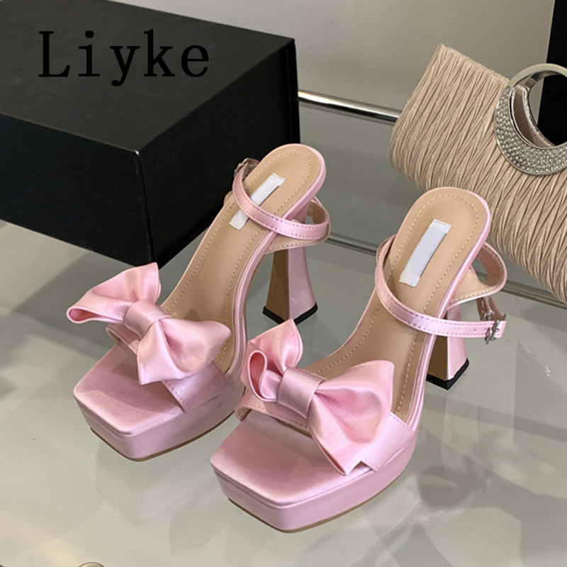 Liyke Sexy Thick Bottom Open Toe Platform Sandals Women Party Wedding Banquet Shoes Fashion Silk Bowknot High Heels Sandalias