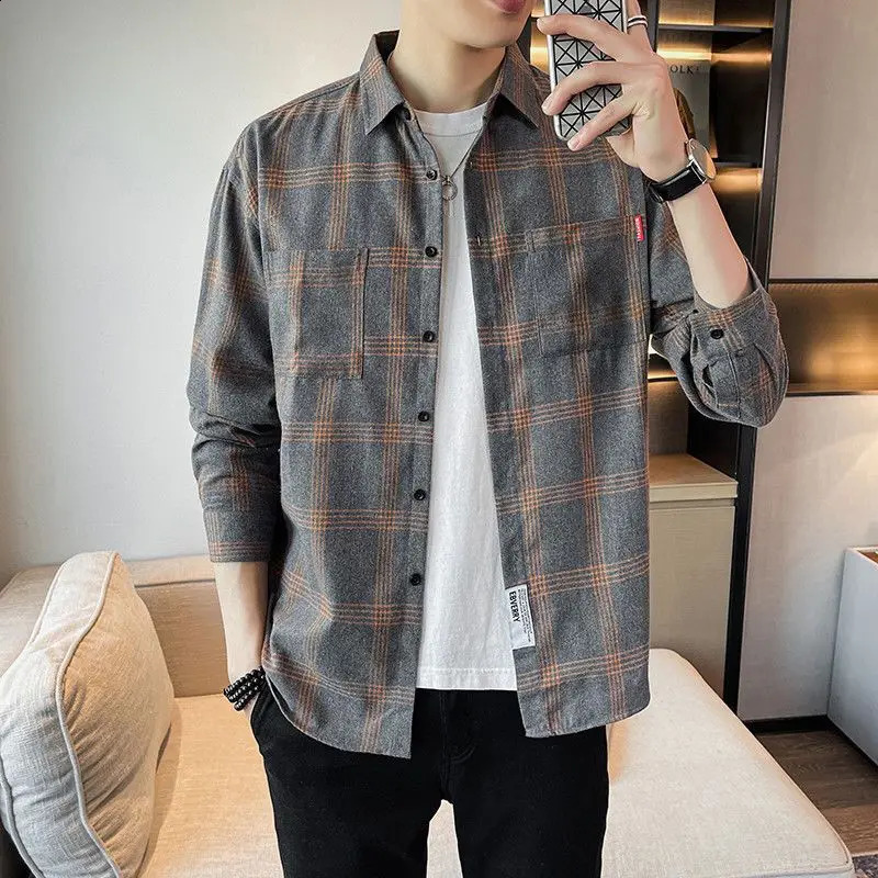 Spring Autumn Men Korean Fashion Classic Vintage Plaid Simple Shirts Youth Casual Long Sleeve Loose Tops Camisa Masculina 240902