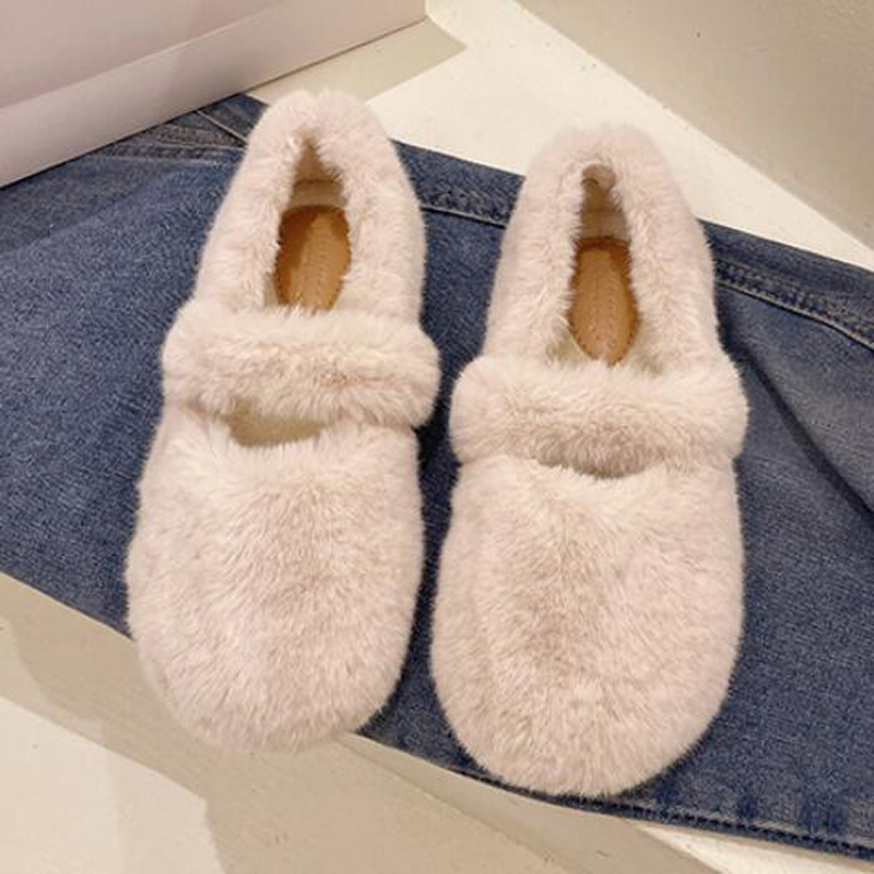 Belt 5b42d 2022 Mary Fairy Jane Shoes Woman Winter Cotton Ballets Rabbit Hair Loafers Femme Warm Fluffy Fur Flats Ladies Mocasines