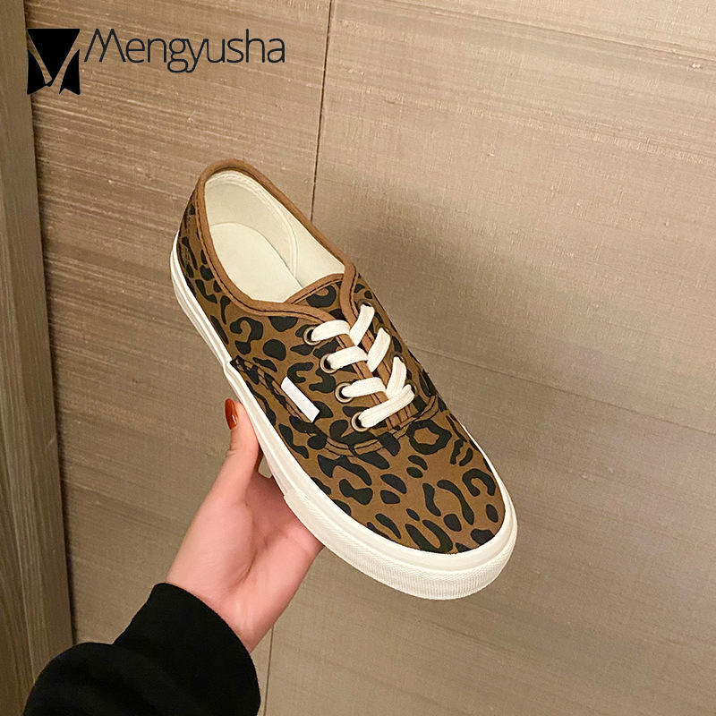 2023 Brand 9e581 Leopard ral Canvas Shoes Woman Lace-Up Sneakers Rubber Sole Flats Platform Preppy Oxfords College Students Loafers