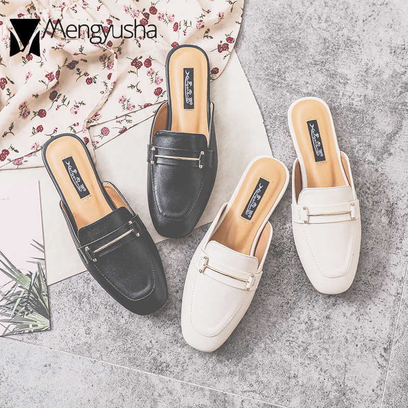 2023 square brand toe shoes woman metal decoration mules cozy flat heels sandals slip on pantufa slides women leather flip ps