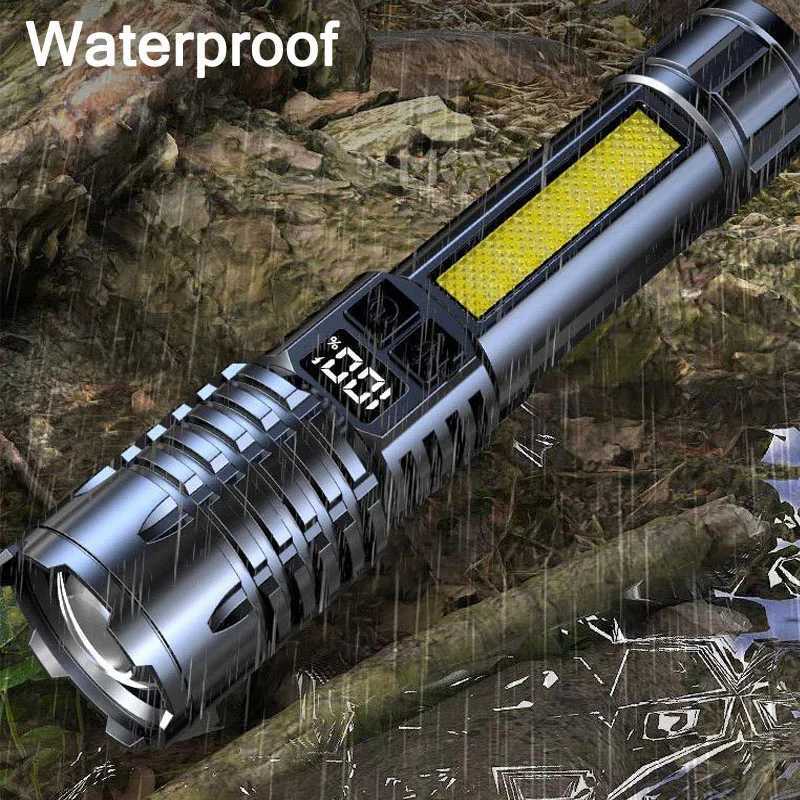 High power charging LED flashlight is very sturdy. LED flashlight with side lights used for outdoor camping and hiking W240902