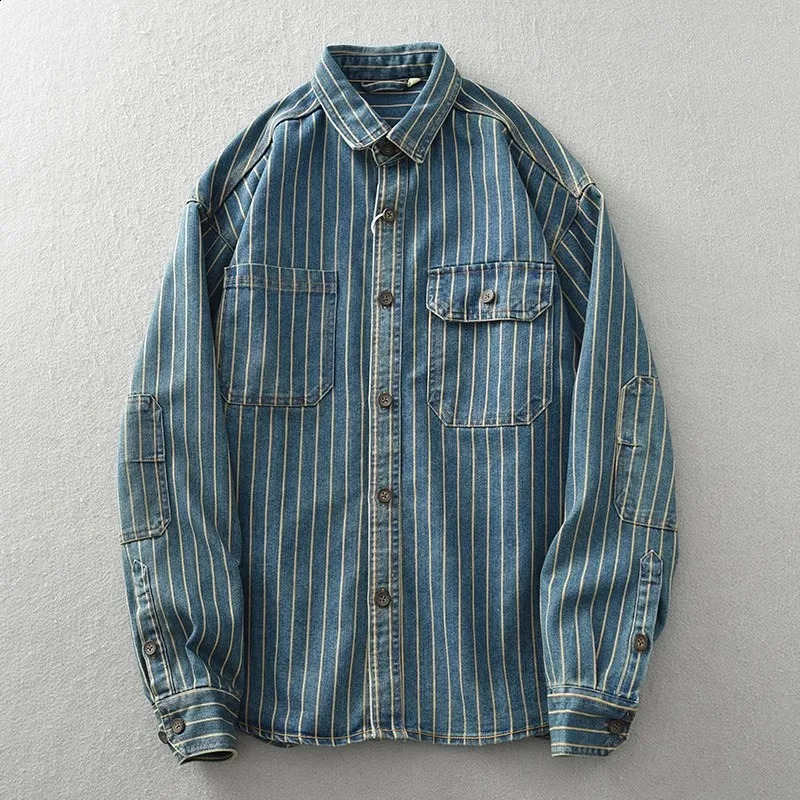 Mcikkny Men Striped Casual Denim Shirts Washed Long Sleeves Button Up Blouse Spring Autumn 240902