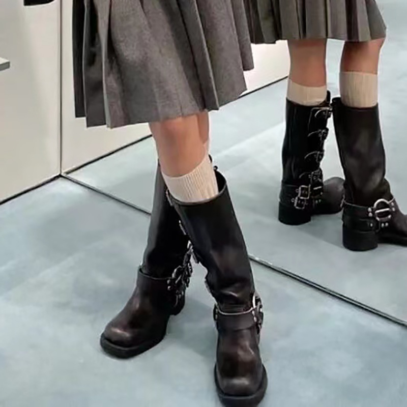 Autum Fashion Spring Women's metal belt buckle Leather Ladies on Ankle Mid Calf Boots Casual Non Slip Platform Shoes 216f N