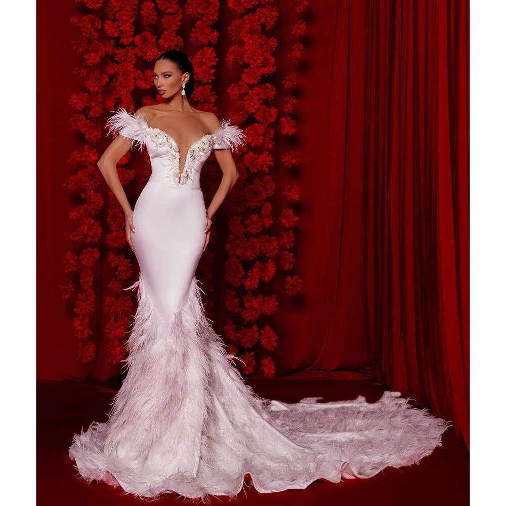 Off Elegant The Shoulder V Neck Mermaid Evening Dress With Feathers Crystals Sleeveless Formal Ocn Banquet Custom Made Gown 6660311