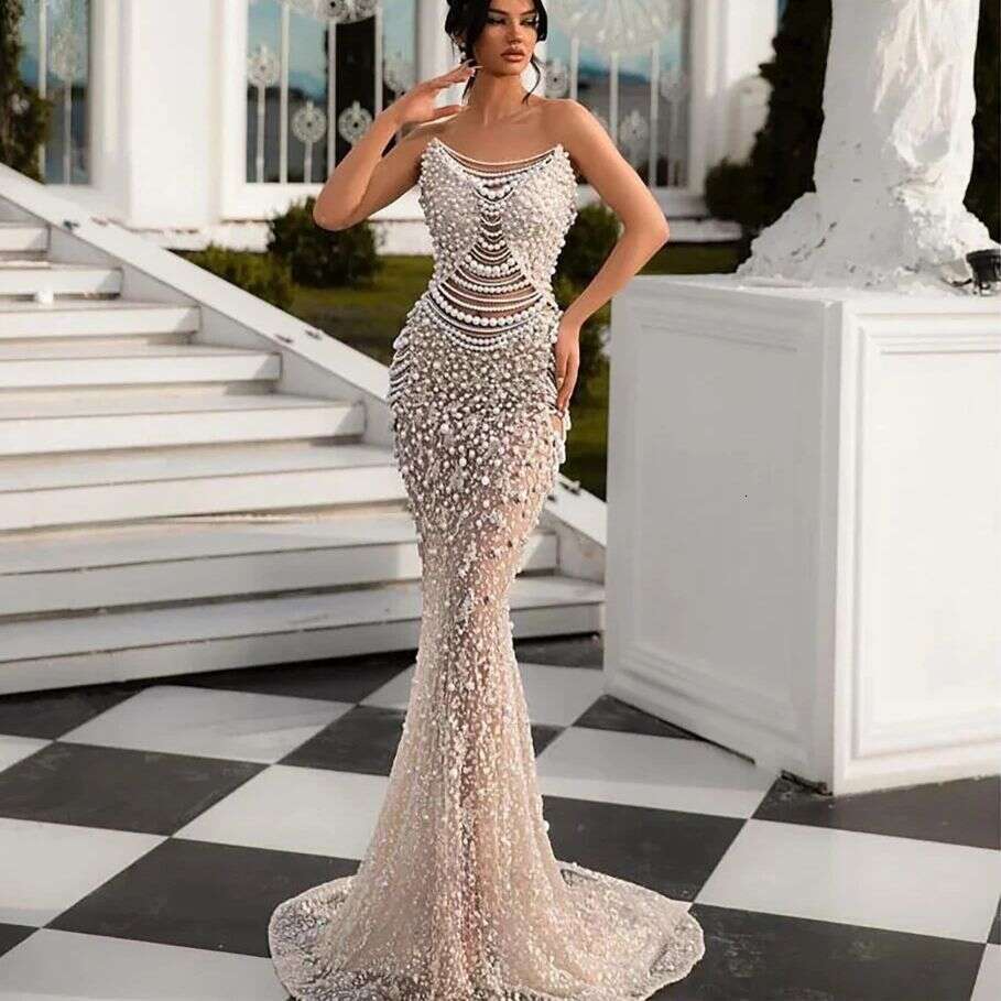 Strapless Full Delicate Pearls Beaded Evening Dress Mermaid Elegant See Through Formal Party Gown Custom Made Robe de soiree