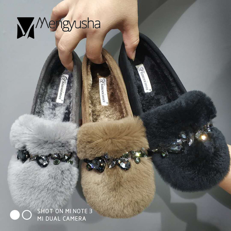 flats crystal moccasins c97e6 beading women big size 35-42 cozy rabbit fur mules flat cotton shoes woman dia furry loafers ry
