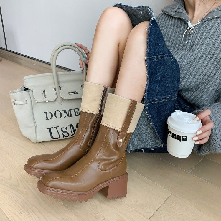2021Winter Platform Women Chelsea Boots Fashion Black Women Round Toe Ankle Boots Female Chunky Heel Slip On Short Boot Shoes
