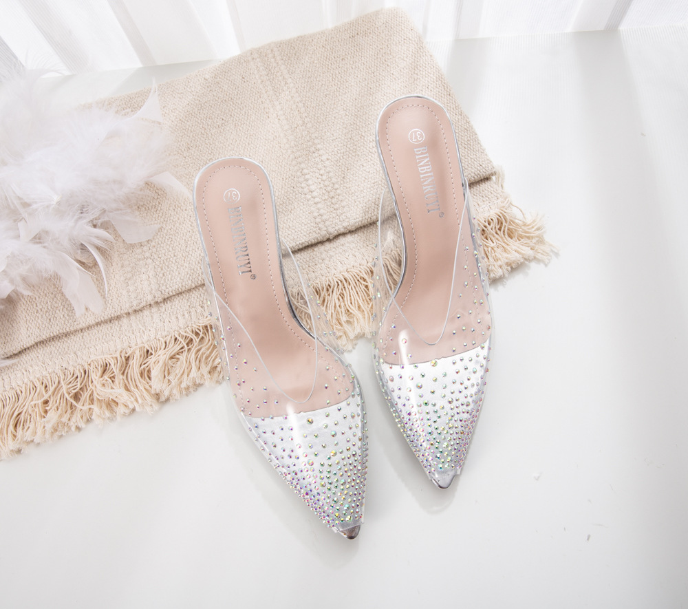 Netcelebrity Transparent crystal peep toe slingback woman pumps gold/silver slip on slides clear thin high heels shoes women2020