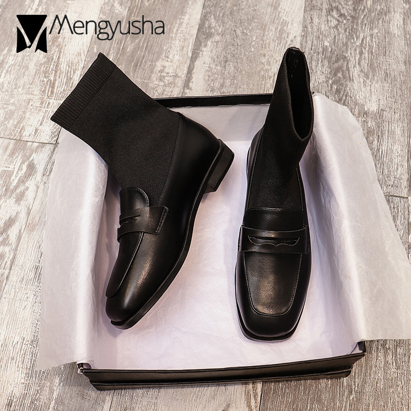 pu&stretch weave Tassel sock bottes women patchwork square toe fashion plush botas two wear flat heel girls preppy winter boots 7373