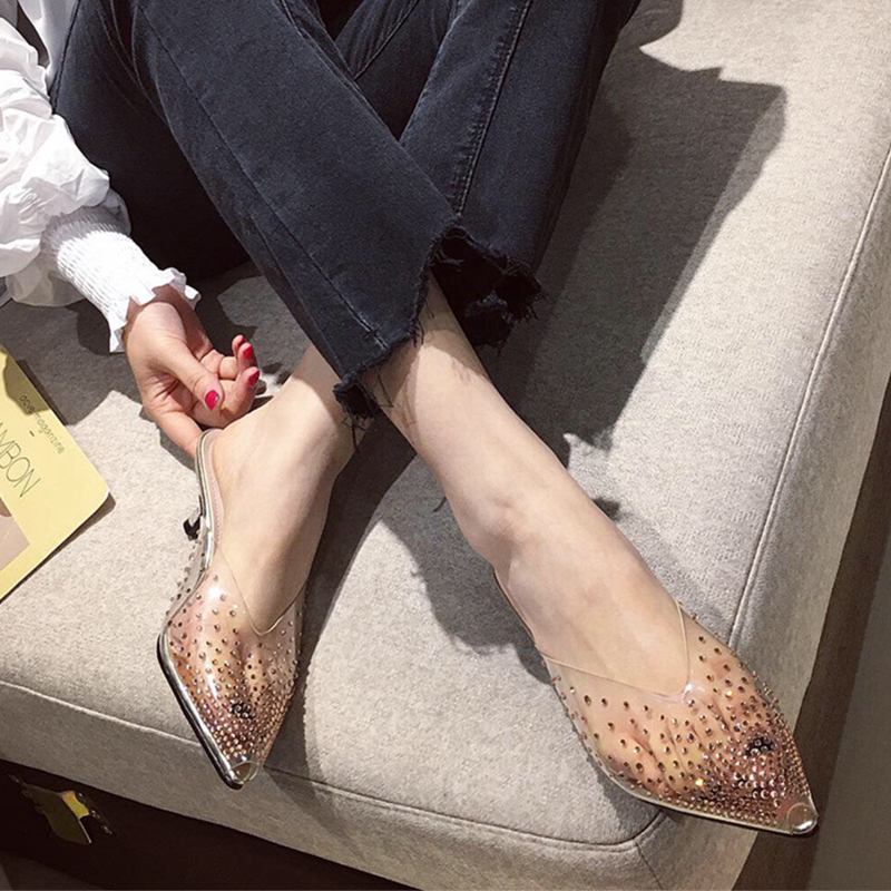Netcelebrity Transparent crystal peep toe slingback woman pumps gold/silver slip on slides clear thin high heels shoes women2020