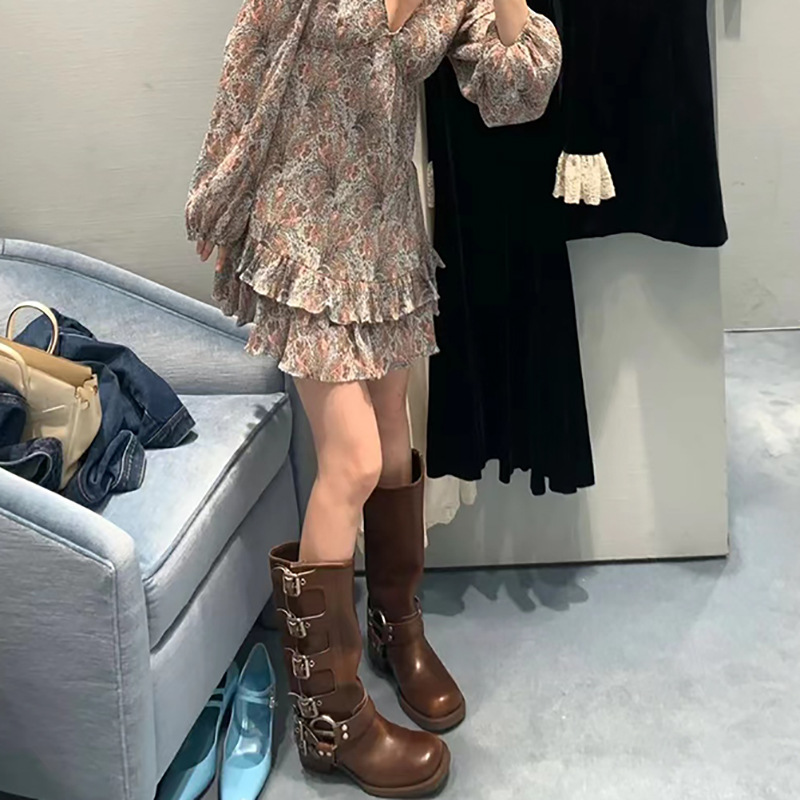 Autum Fashion Spring Women's metal belt buckle Leather Ladies on Ankle Mid Calf Boots Casual Non Slip Platform Shoes 216f N