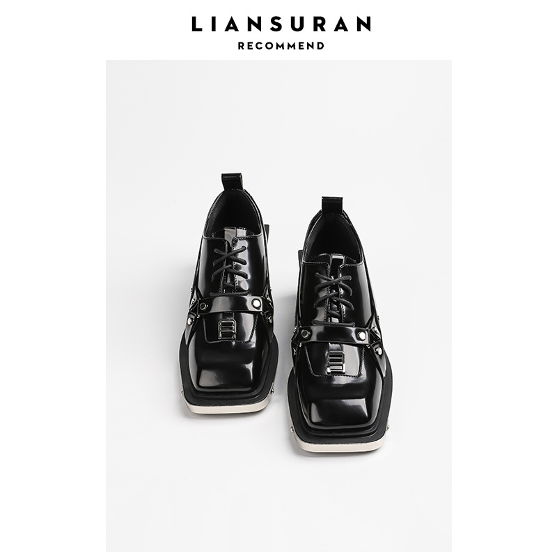 Decoration Flat Styles Metal e1b5c Casual square toe Shoes Leather Black Platform Sneakers for Women Punk Loafers