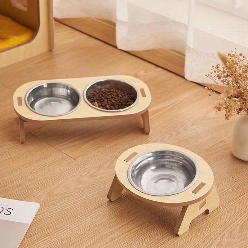 Cat Double Bowl Becoming Cat and Child Bowl Anti Overturning Cat Food Bowl Stainless Steel Pet Bowl Wooden Stand Small and Mediu