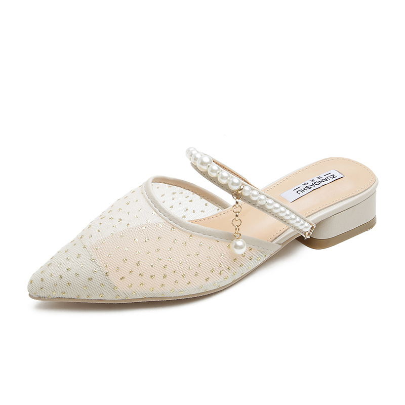 gold/silver glitter lace women slippers pointed toe pearl ankle band slides shoes female thick heel mesh mules flip flops size42