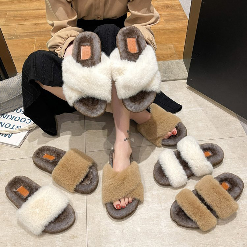 design new winter fur slippers women double band plush slides female cross furry home shoes flipps ladies hairy slipper ry
