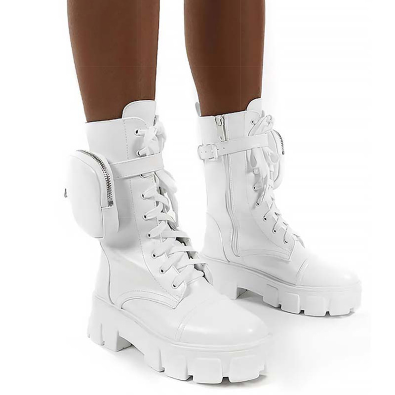 2020 Women Pocket Boots Lace Up Ladies Boots Fashion Female Buckle Strap Black Chunky Pouch Boots Woman Platform