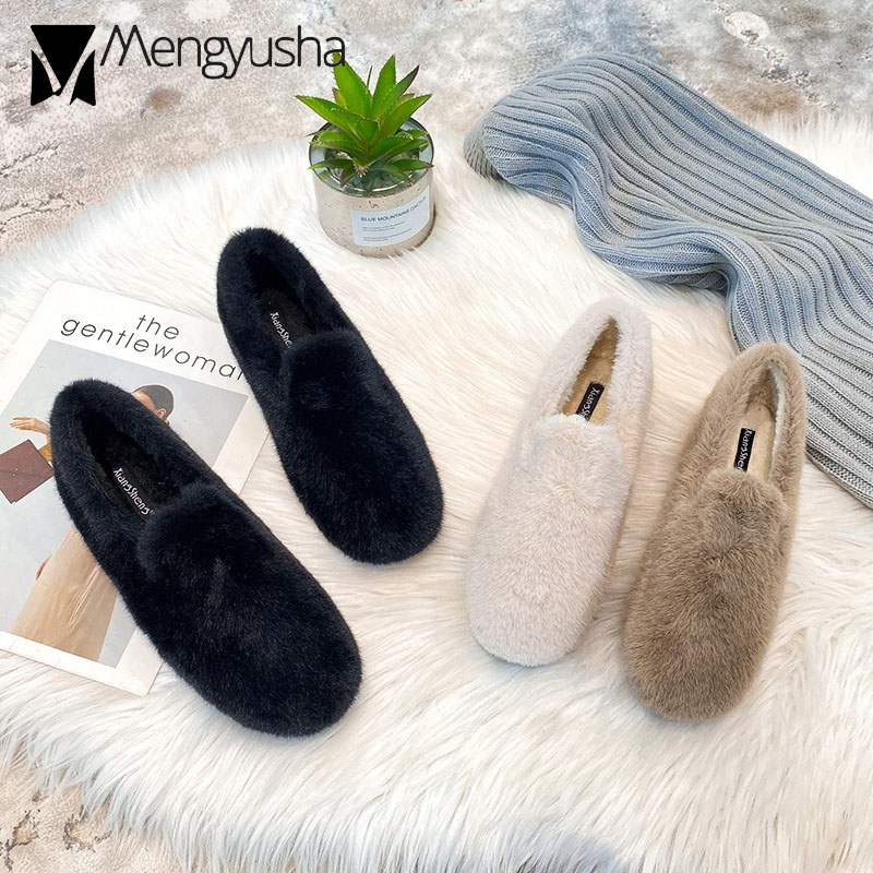 f6ba3 size 34-43 big furry flats casual design winter cotton shoes anti-slip rubber creepers cozy warm plush loafers for women