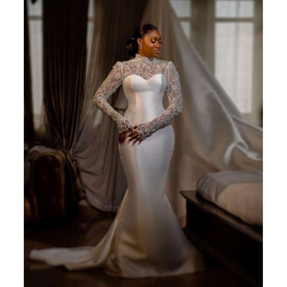 White Elegant Mermaid Wedding Dress High Neck Lace Long Sleeves Satin Zipper Court Gown Custom Made Vestidos De Novia