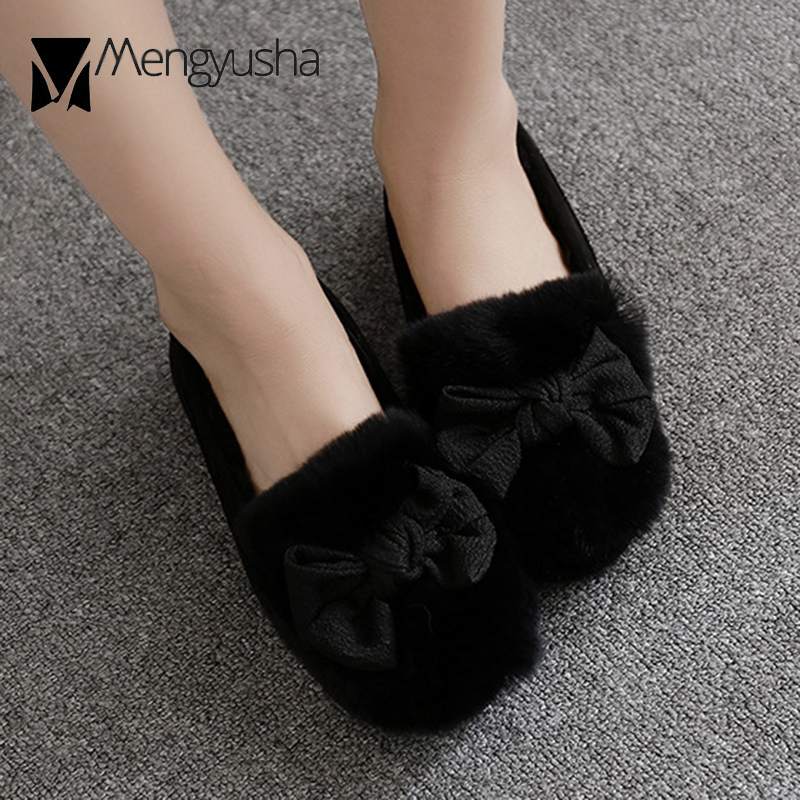 rabbit Butterfly-Knot eb11d flats fur woman winter fleeces moccasins antiskid pregnant shoes women soft bottom cotton loafers female