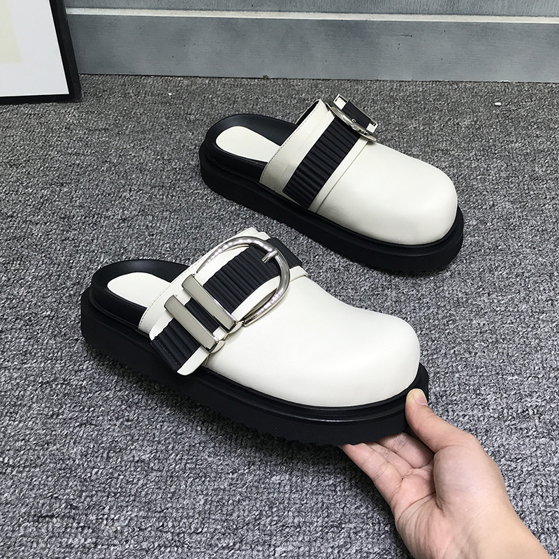 Slippers New Women 2023 Summer Fashion Closed Toe Leather Shoes Loafers High Platform Black Heels Mules Ytmtloy Wedges Indoor