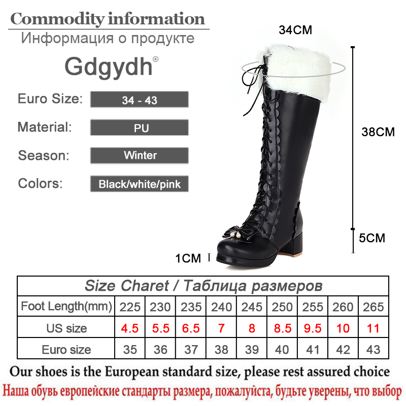 Gdgydh Warm Plush Winter Boots Women Knee High Long Boots Lace Up Pink Gothic Lolita Shoes Female Fashion Bow Knot Big Size
