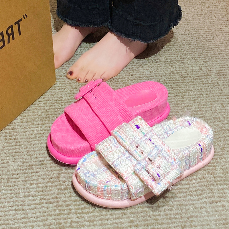 Thicken 2023 Soled Platform Slippers Woman Buckle Band Slides Tweed Cloth Shoes Ladies Muffins Flipps Elevated Sandals Femmes