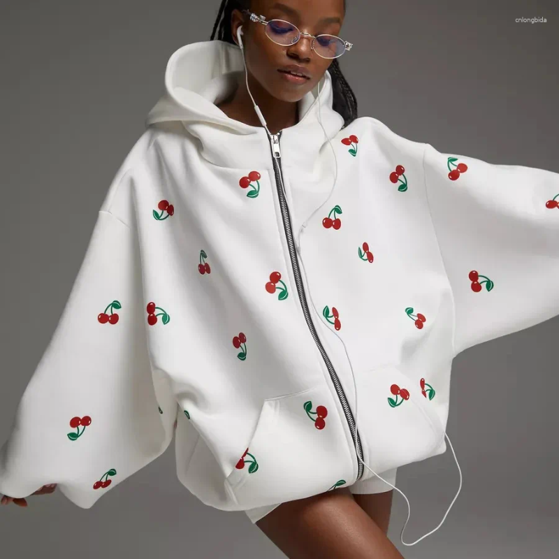 Women's Hoodies Cotton Warm Hooded Sweatshirt Autumn And Winter Fashionable Sweet Cherry Print Zipper Loose Casual Sports Hoodie