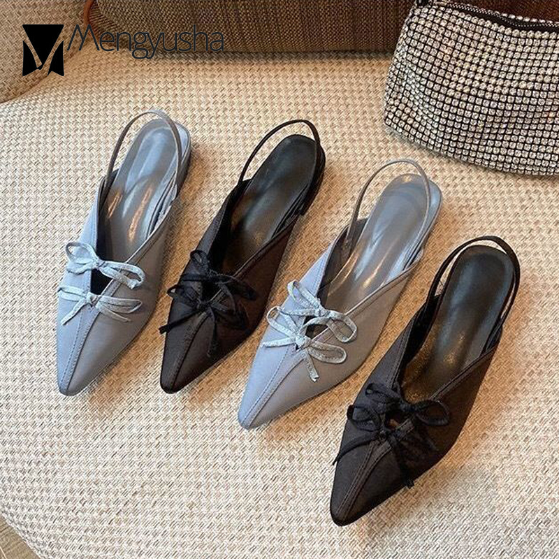 2025 new Bowtie Double Silk Sgback Sandals Women Slides Elegant V-Open Shoes Summer Elatic Back Strap Low Heels Mules Ladies Flipps