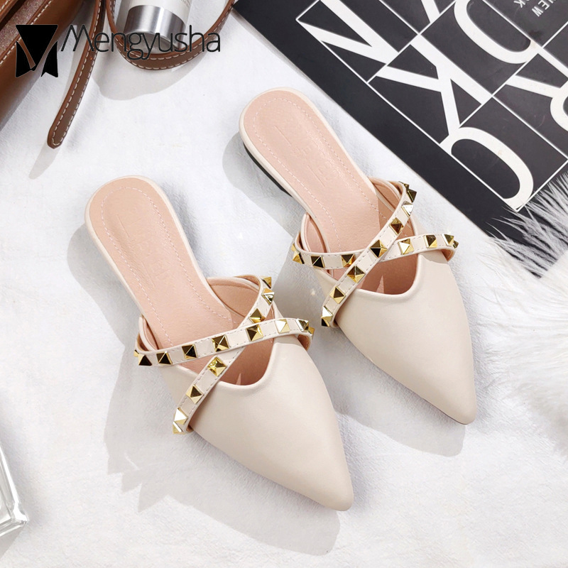 Women's Leather Sandals with Belt Strap - Casual Slip On hot New Slides, Closed Toe, Studded, Comfortable