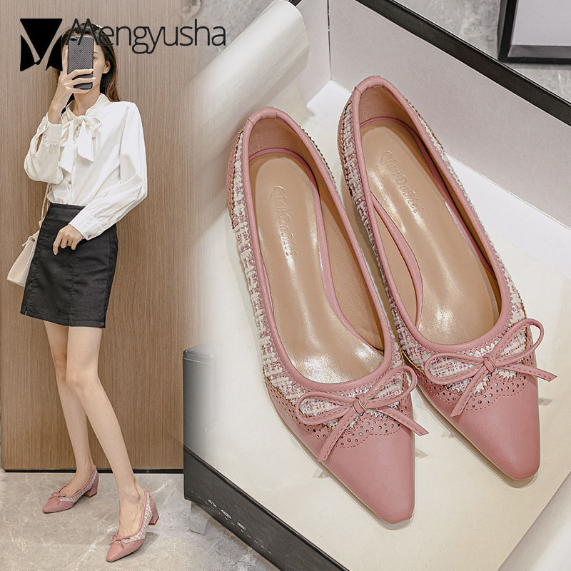 bowtie ladies pumps elegant d31df pointy leather patchwork OL woman sequined cloth knitted med high heels shoes carved talon