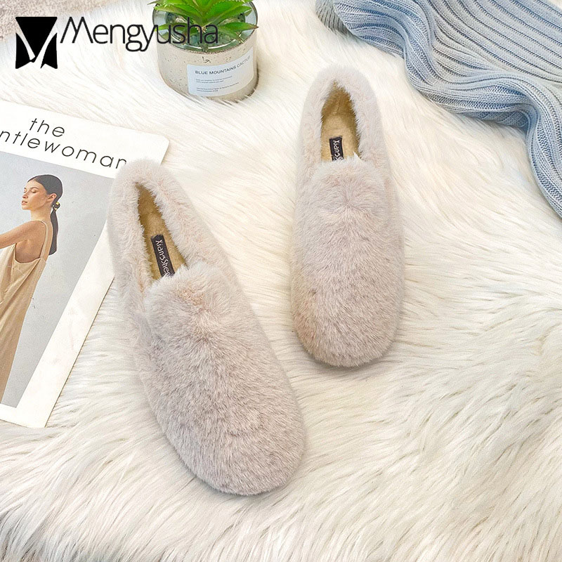 f6ba3 size 34-43 big furry flats casual design winter cotton shoes anti-slip rubber creepers cozy warm plush loafers for women
