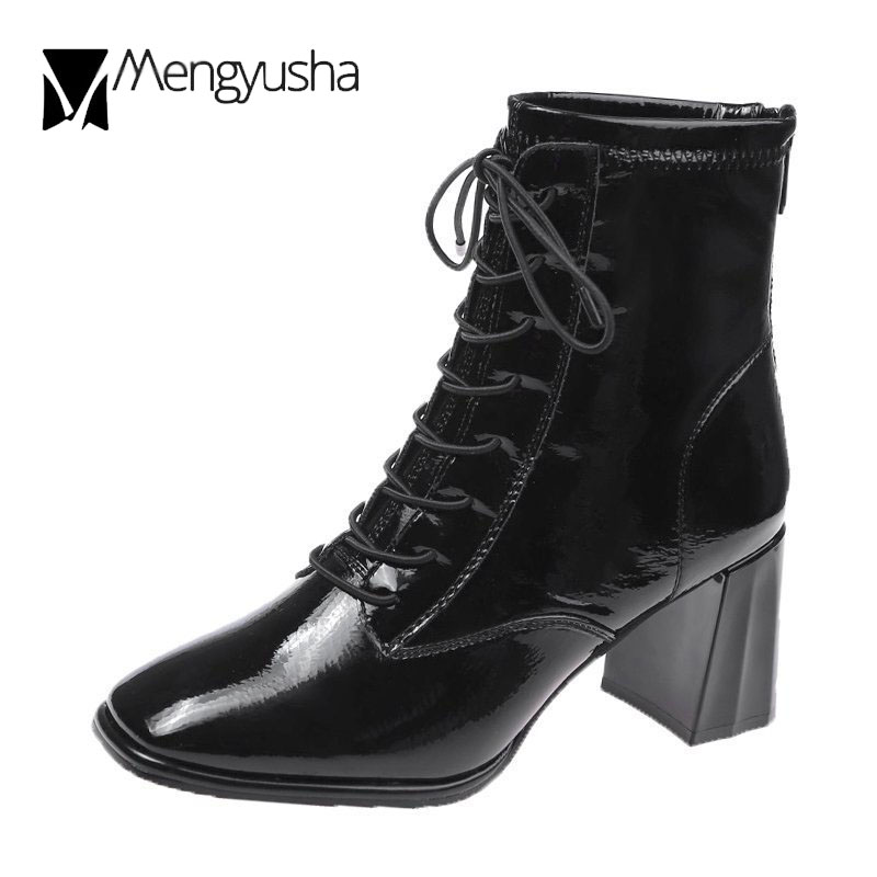 Japanned leather Shiny riding boots women winter shoes thick high heels short botines mujer square toe lace up knight botas 9085